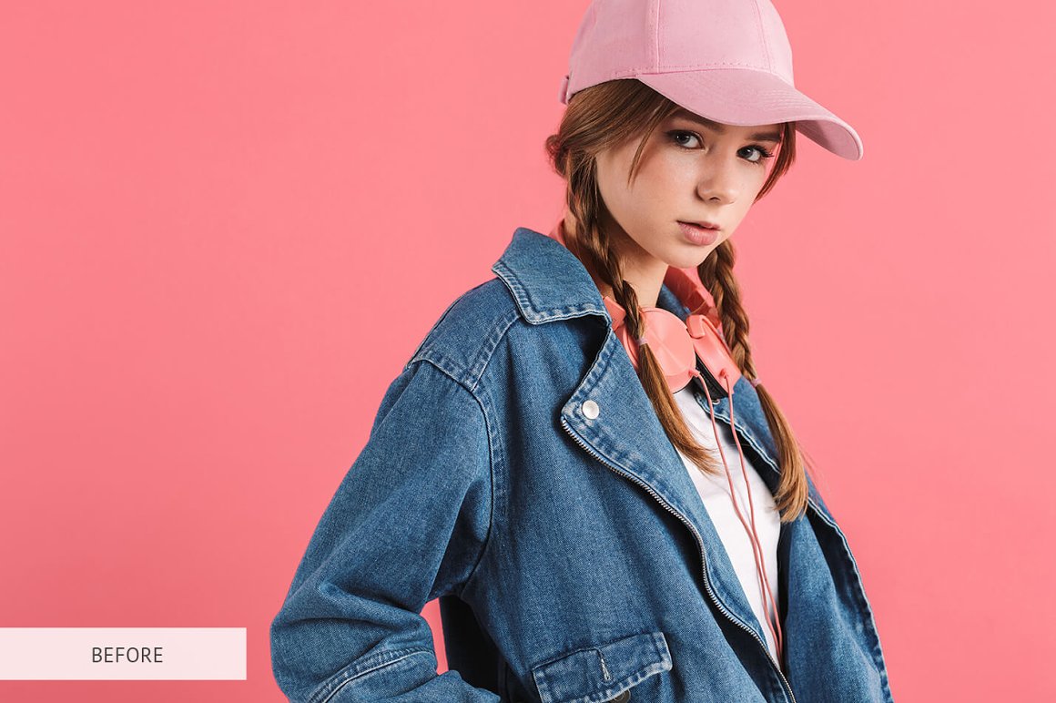 Denim jacket and pink cap on the girl.