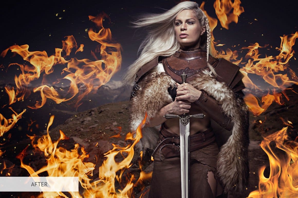 Photo of a girl warrior who is in the midst of flames.