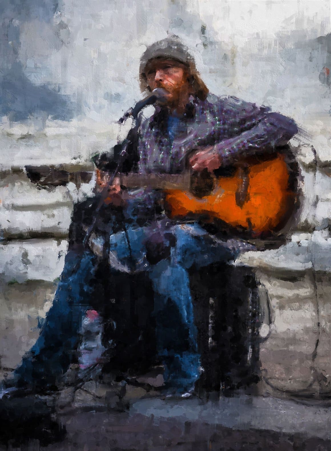 Image of street musician with guitar using Painted Photoshop Effect.
