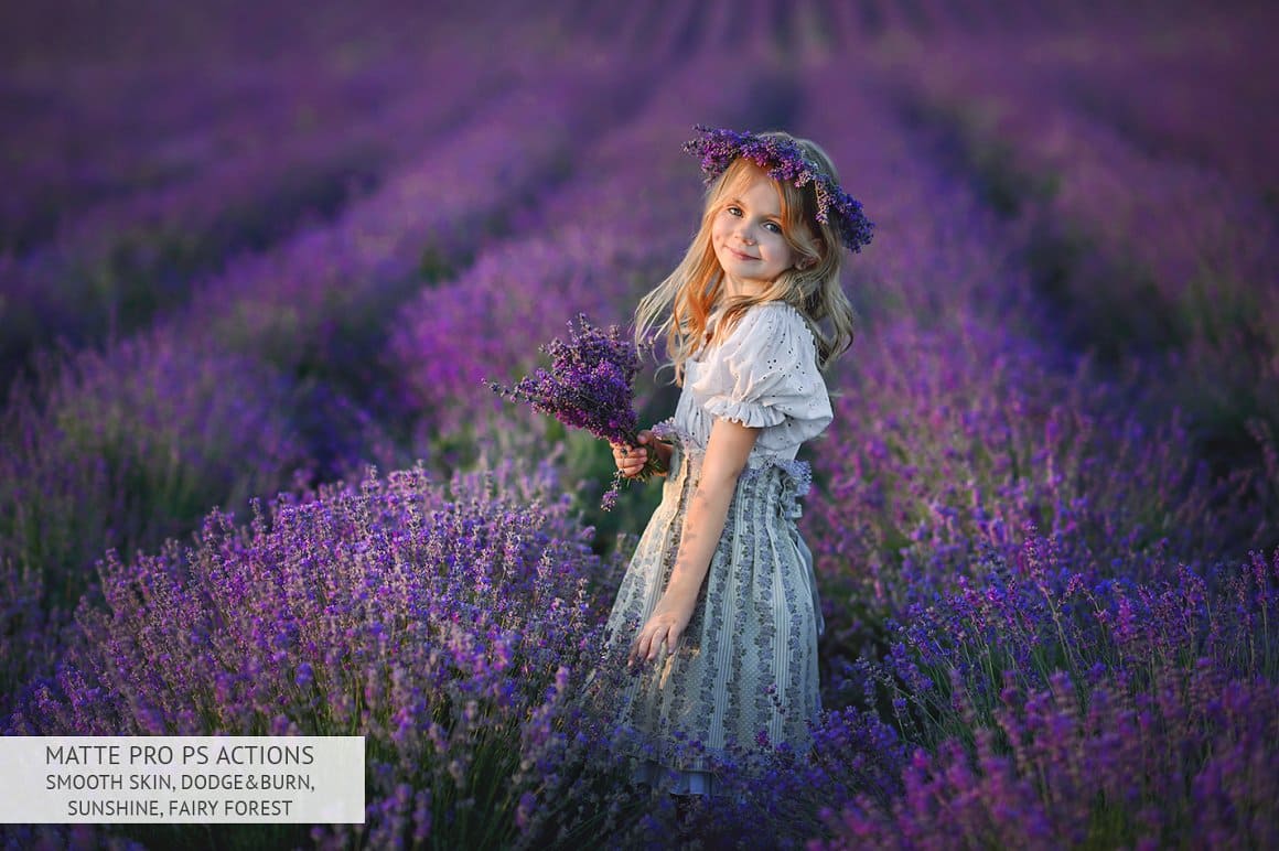 A charming girl walks in a lavender field after processing with Matte Pro.