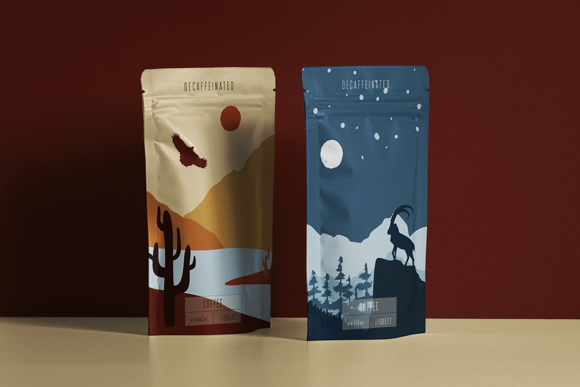 2 zip packaging for coffee with illustrations of a landscape.