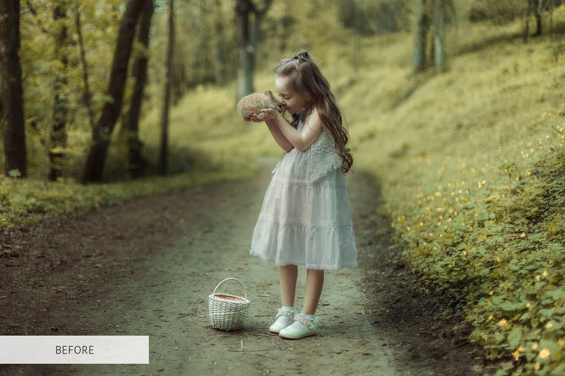 Photo of a girl with a rabbit in the forest before using Matte Pro.
