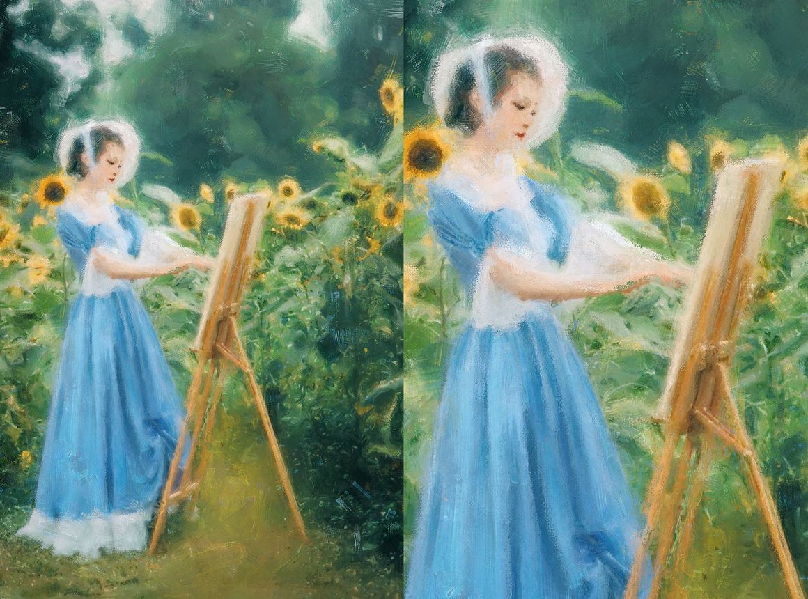 A girl draws in a field of sunflowers.