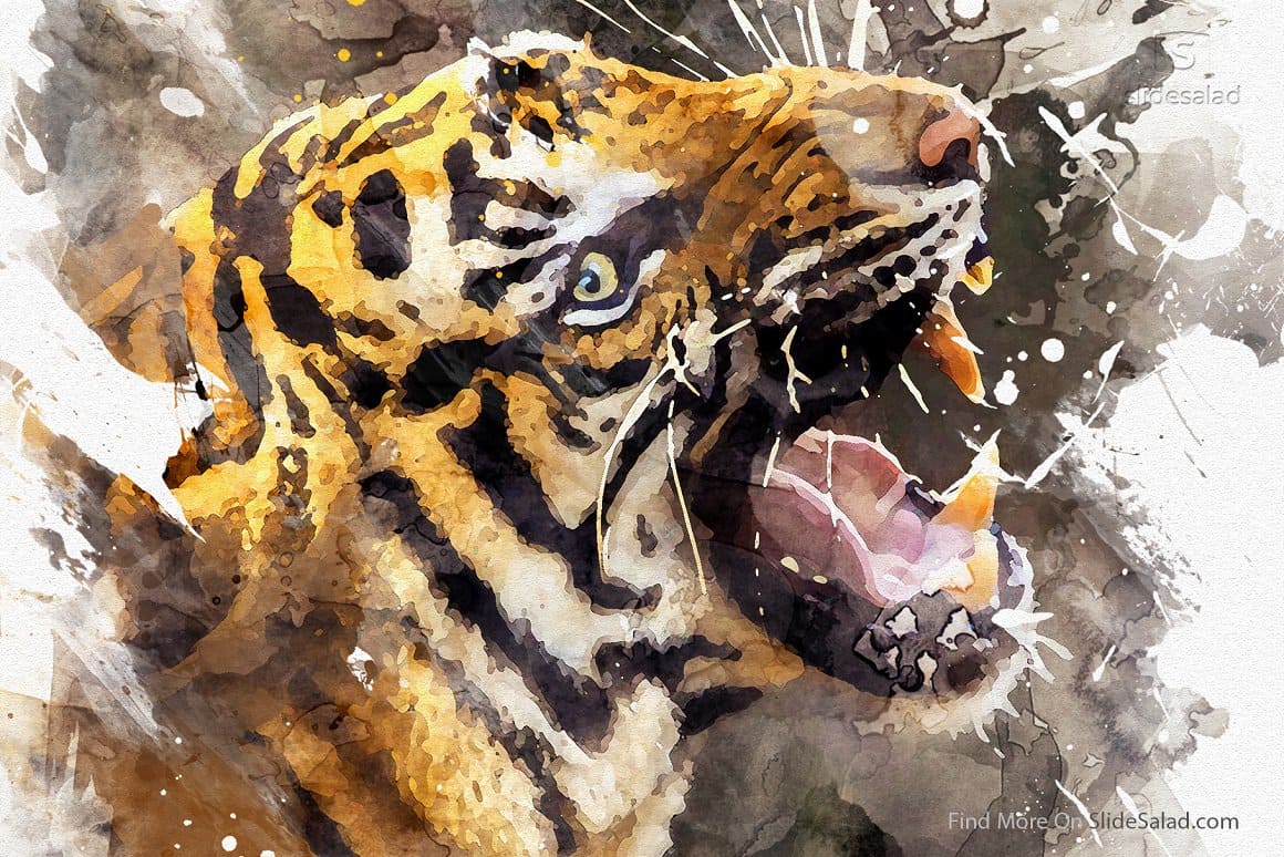 Watercolor illustration of a tiger with a pink tongue.
