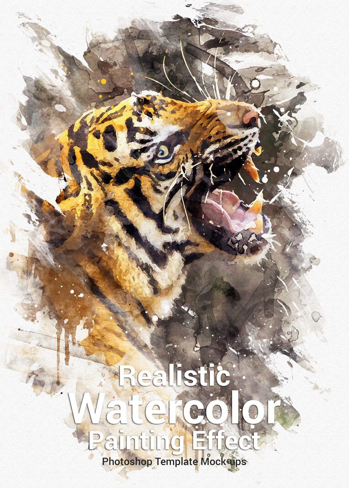 Realistic watercolor illustration of a tiger with long white whiskers.