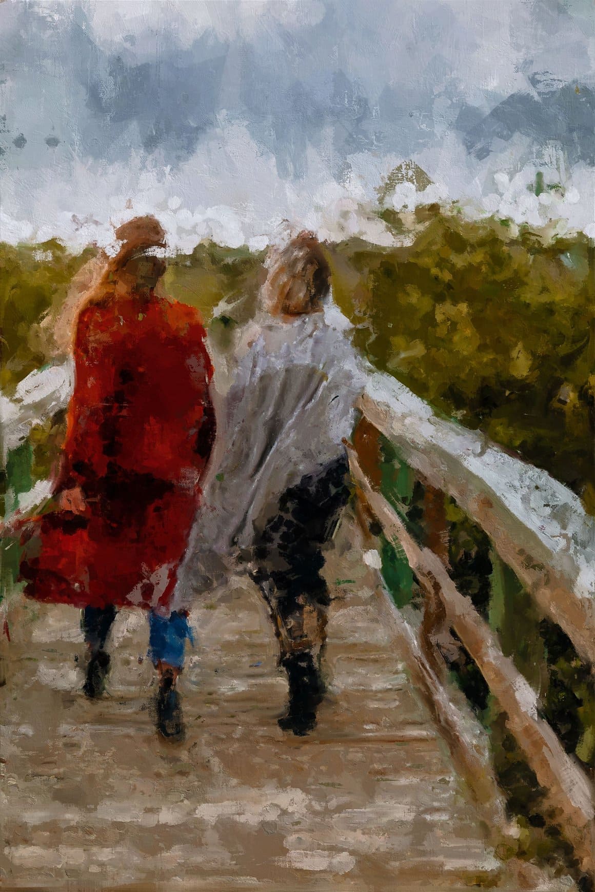 The image of two girls walking on the bridge is painted with Photoshop effect.