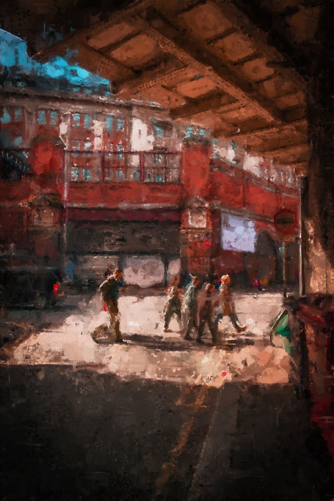 Image of townspeople crossing the street with a painted photoshop effect.