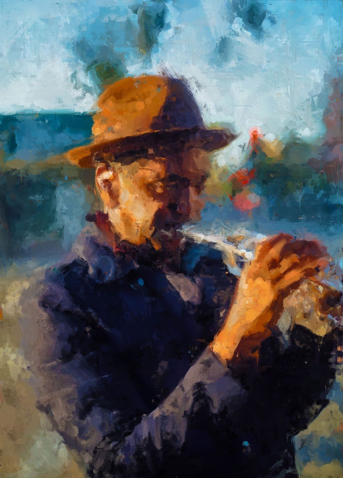 Image of a man playing a musical instrument with a painted photoshop effect.