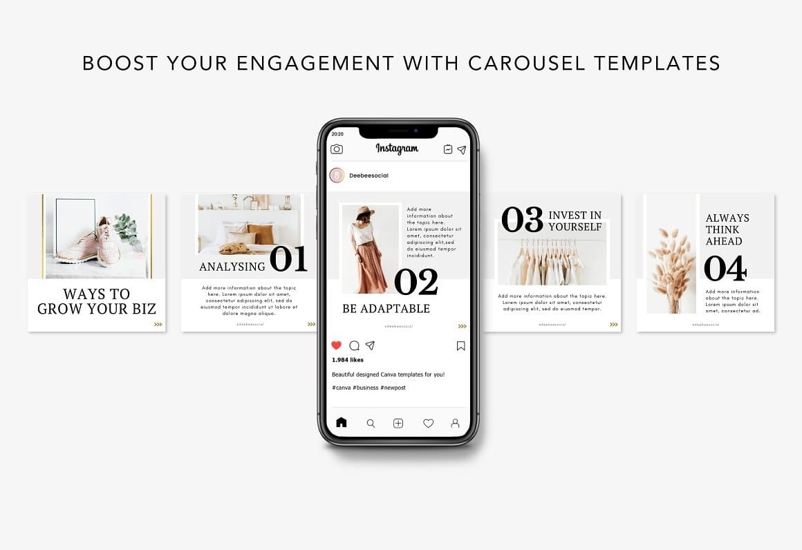 Boost your engagement with carousel templates of Gold Instagram post pack.