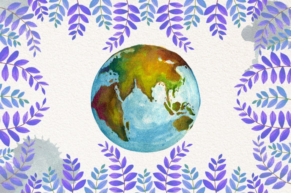 A frame of purple leaves and a watercolor Earth drawn in the middle.