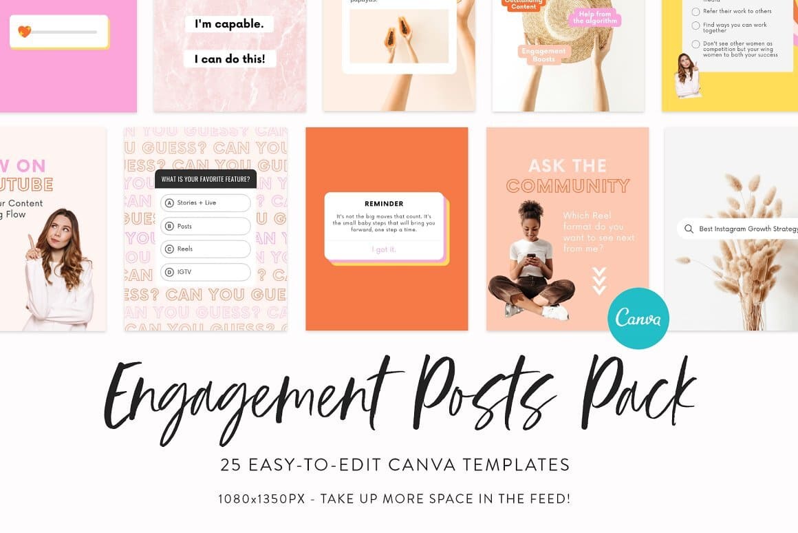 25 easy-to-edit Canva templates of Engagement Posts Pack.