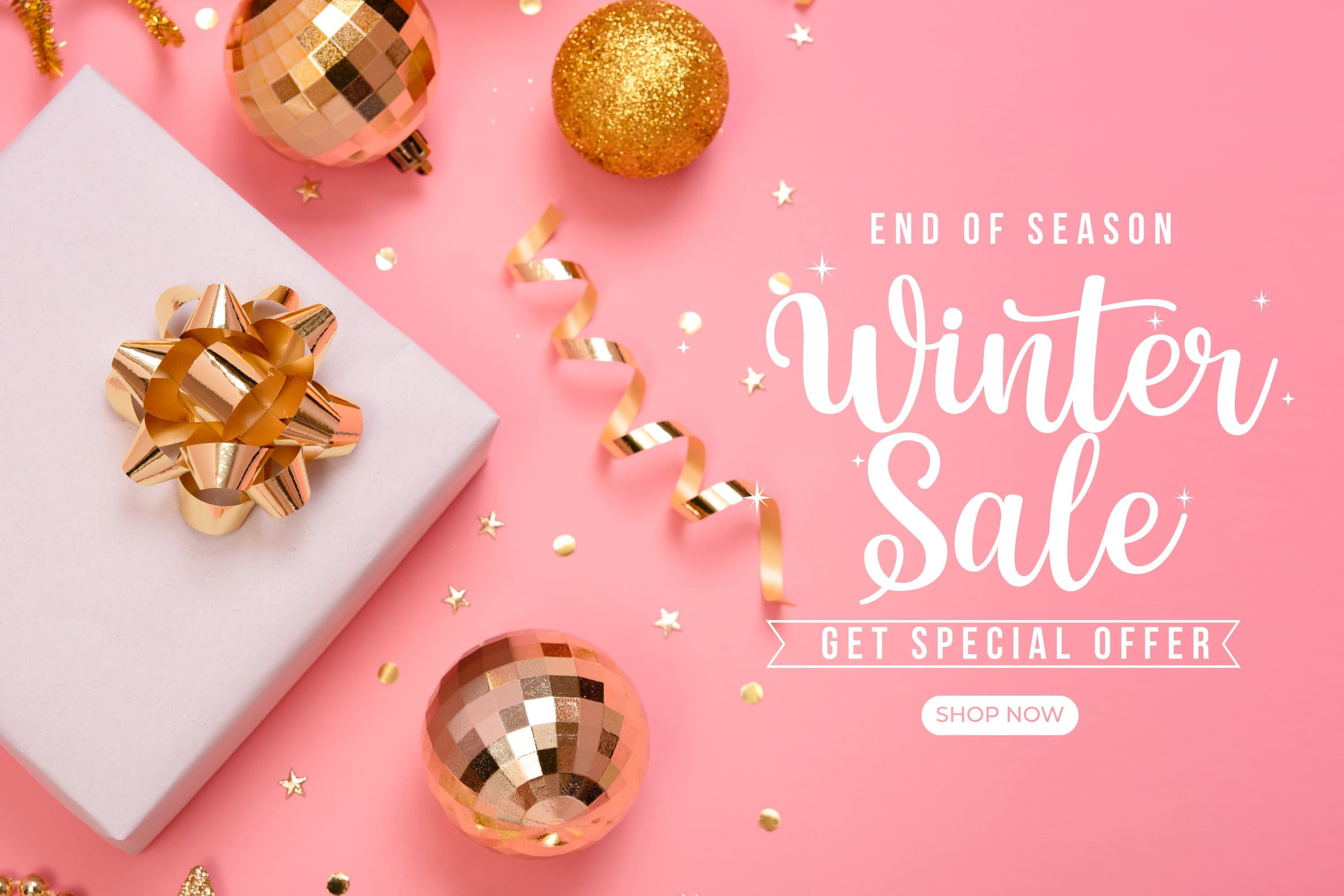 Pink slide with inscription "End of season Winter sale get special offer".
