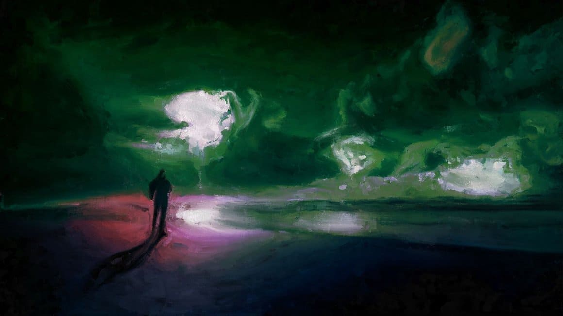 The image of a man walking under the moonlight uses the effect of painting with paints.