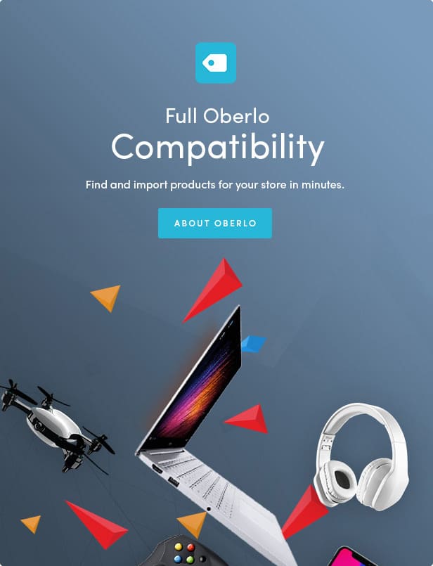 Image of headphones, laptop, drone on gray and blue background.