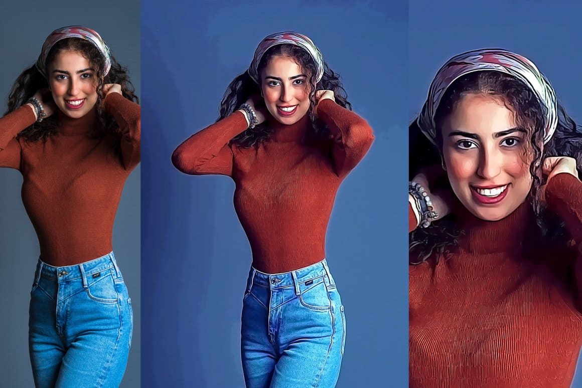 Applying the effect of Digital painting Photoshop action on a photo of a girl in jeans and a sweater.