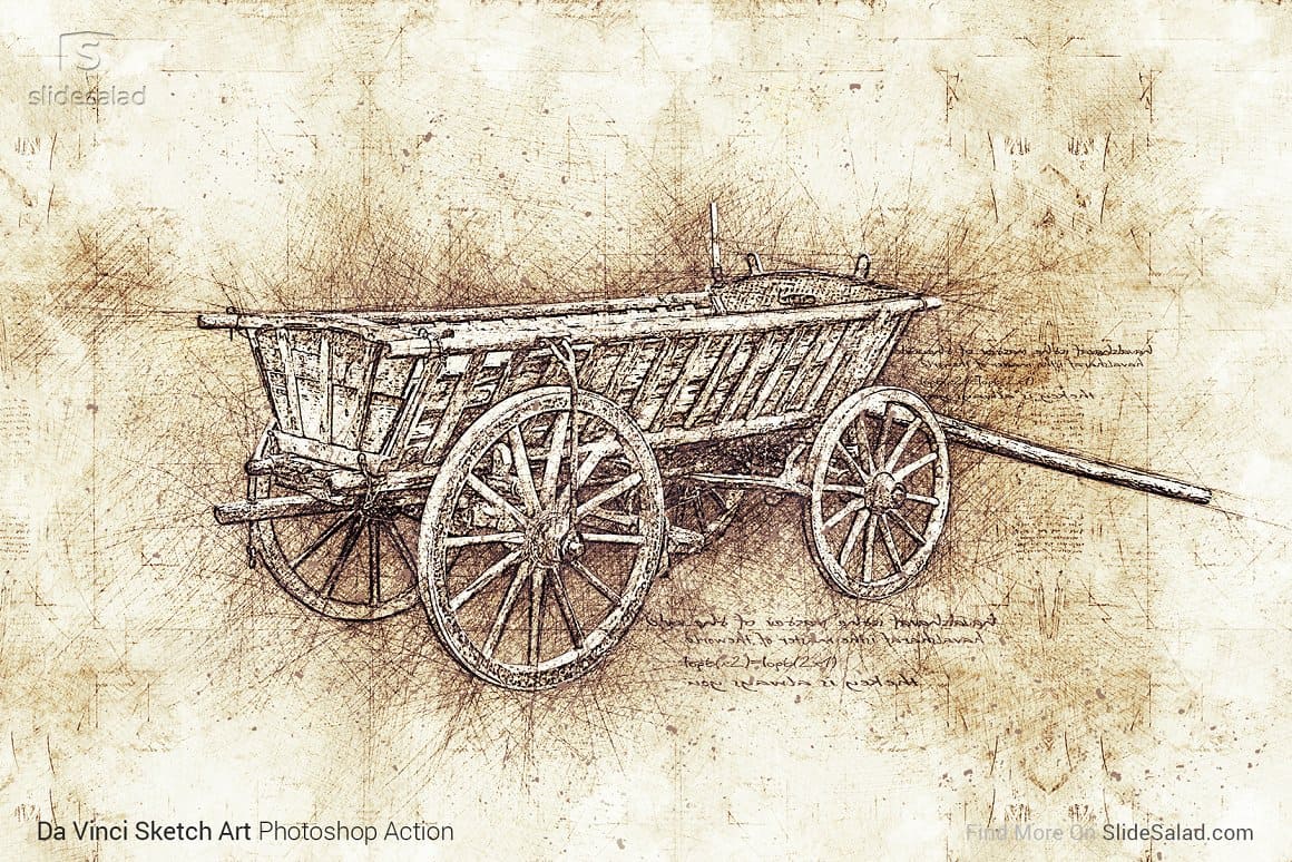 Image of a wooden wagon with wooden wheels using Da Vinci Sketch Art Photoshop Action.
