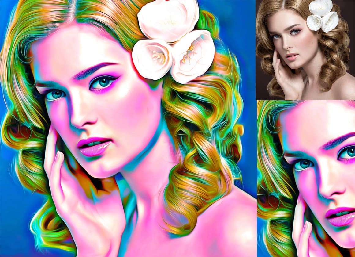 Image of a blonde girl with curls with three flowers in her hair with the effect of Digital painting Photoshop action.