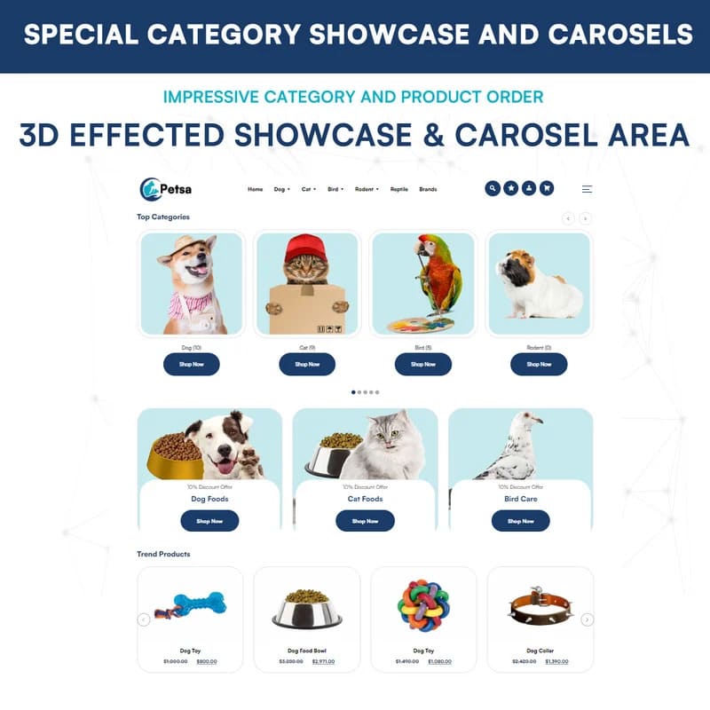 Special category showcase and carosels, impressive category and product order 3D effected showcase and carosel area.