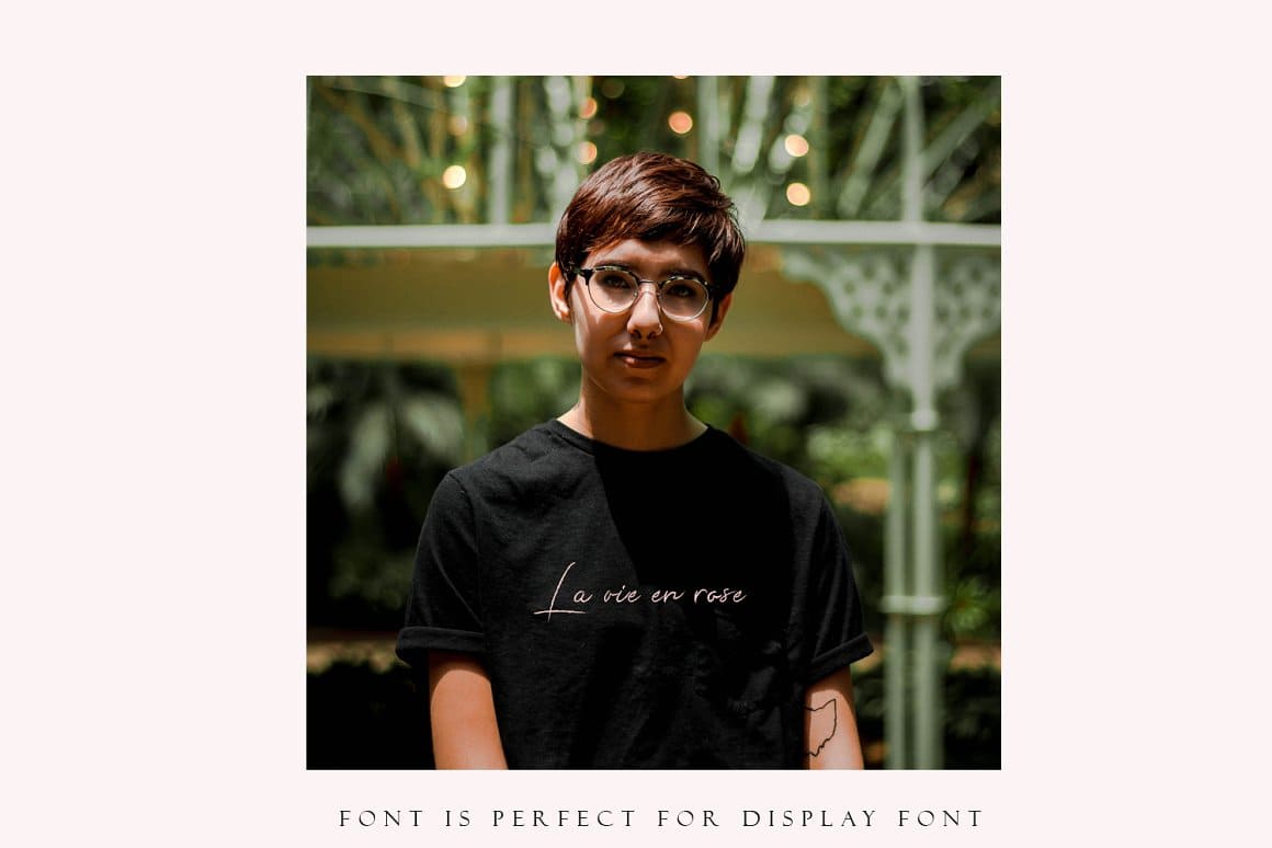 An image of a girl with short hair in glasses and the inscription "Font is perfect for display font".