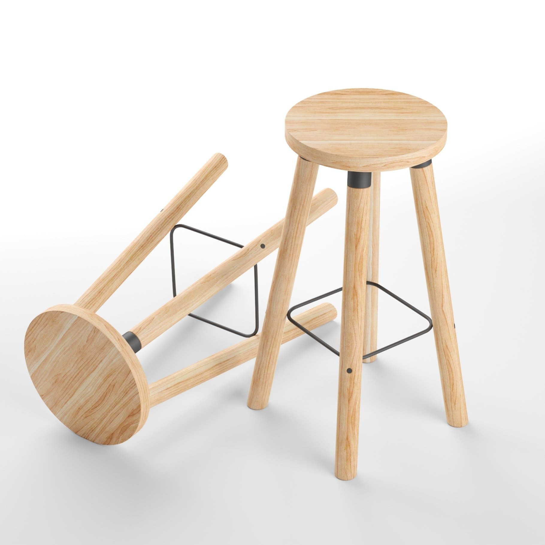 A metal square joins the four wooden legs of the Partridge Bar Stool Design By Them.