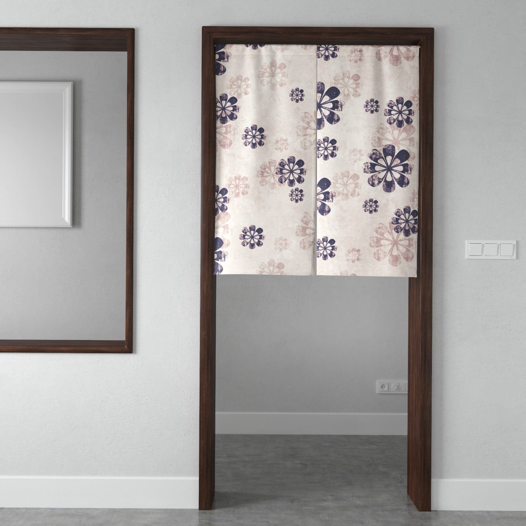 Short Japanese curtain with flowers in the doorway.