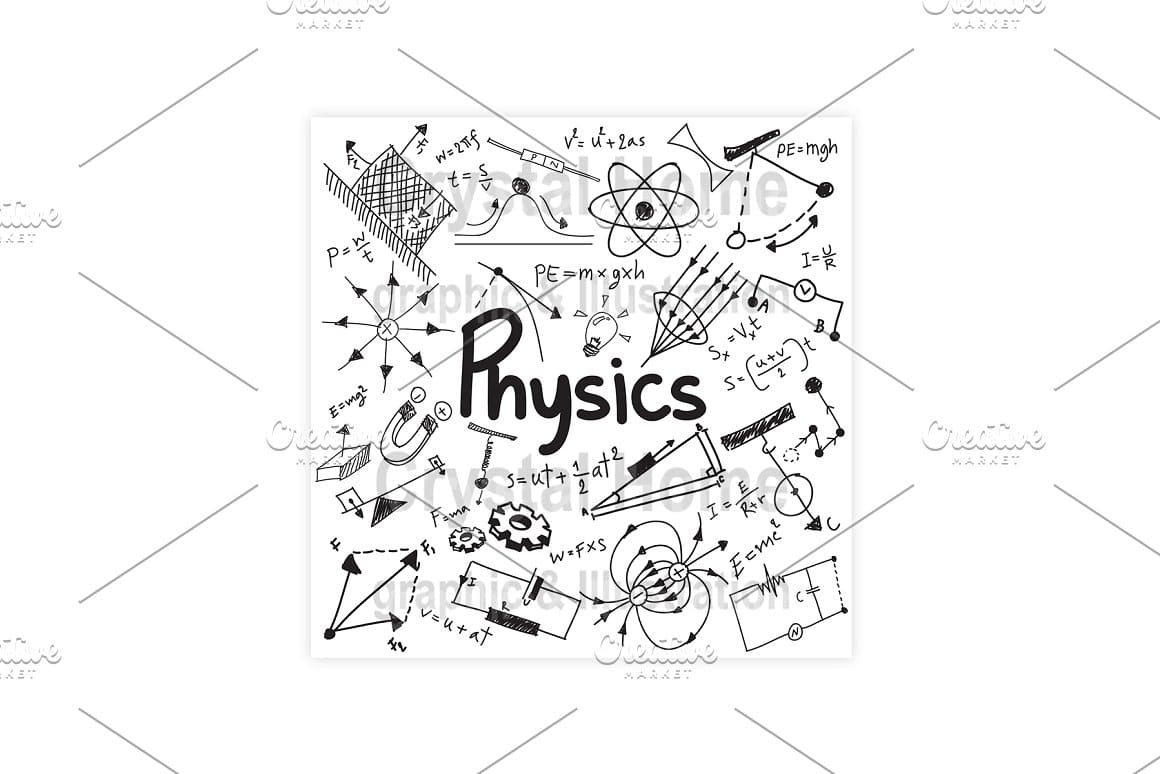 Physical phenomena are drawn on the picture and the word "Physics" is written next to it.