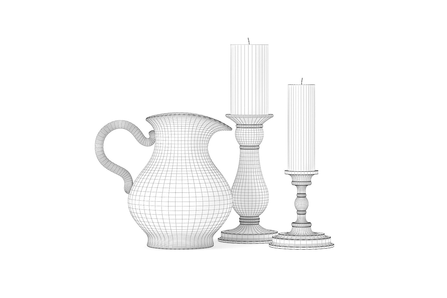 Two white paraffin candles on shaped candle holders.