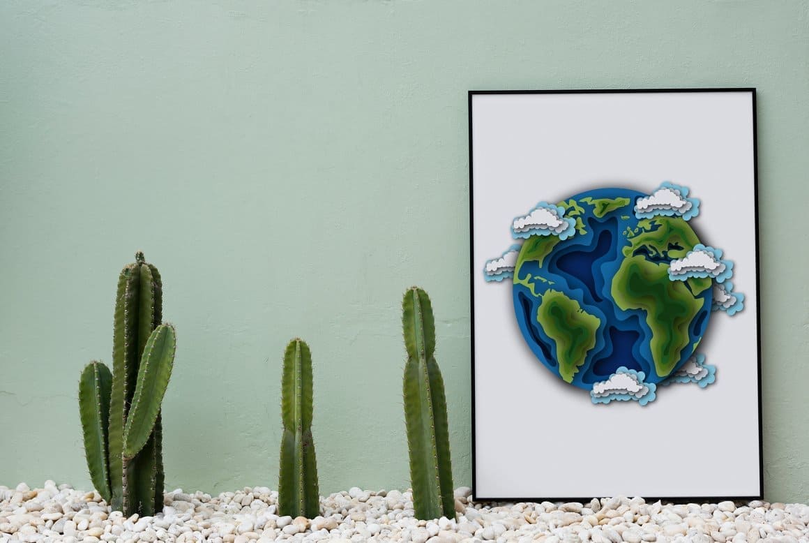 Cacti grow on the white fireplace and there is a picture of the earth.