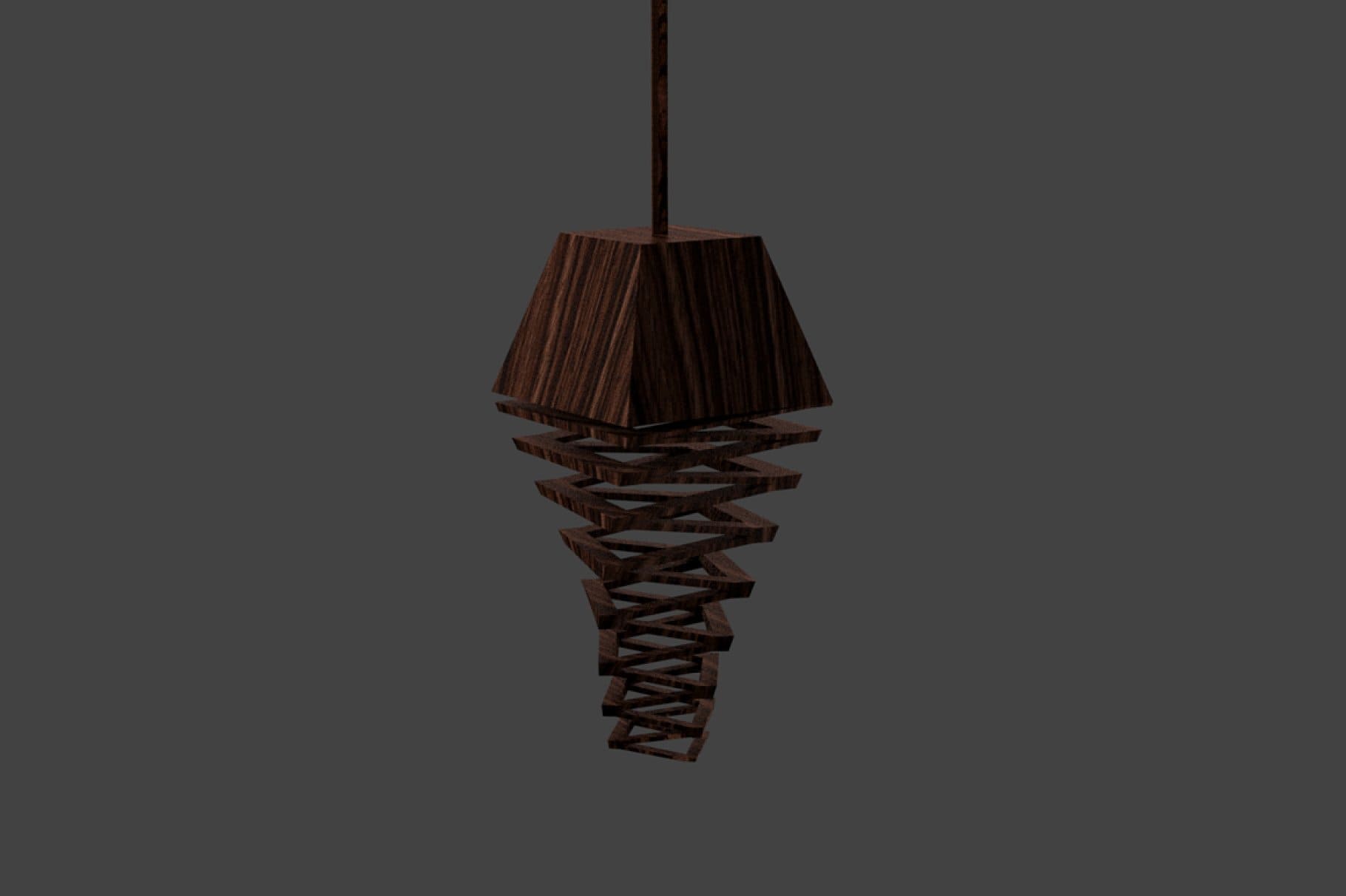 Hanging stylish wooden lamp of spiral-diamond shape.