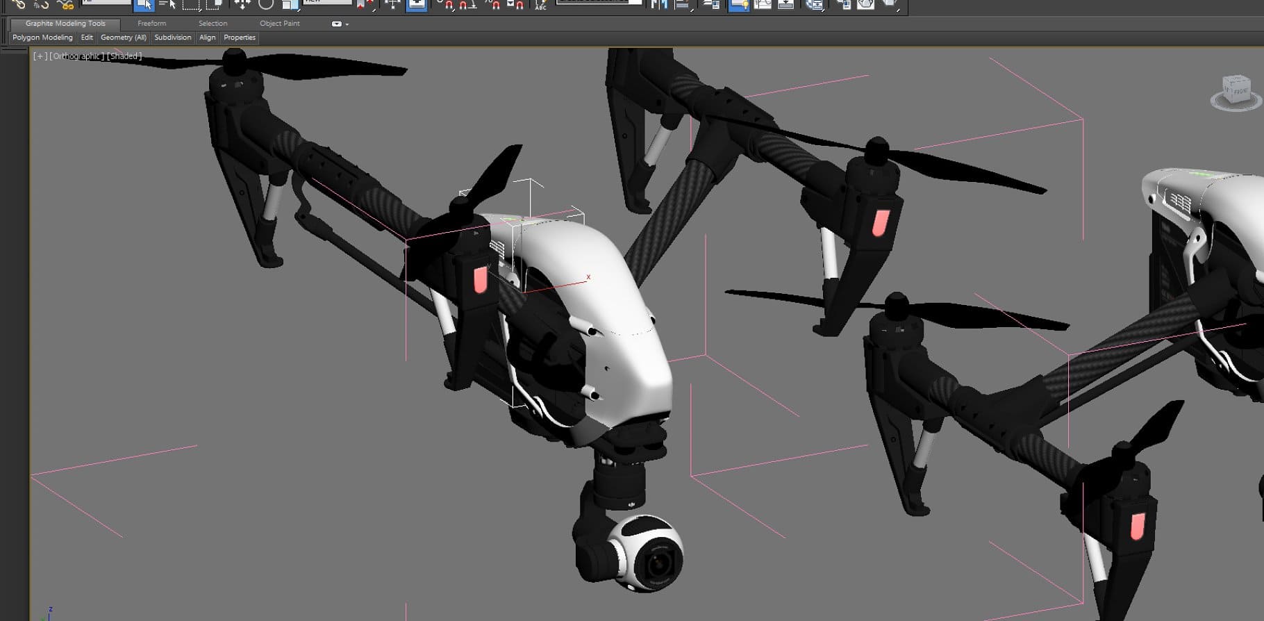 Two quadcopters with black big blades.