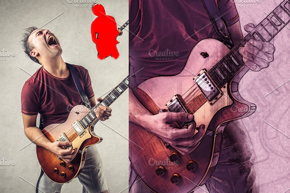 The musician playing the guitar is drawn with the accuracy of a real photo.