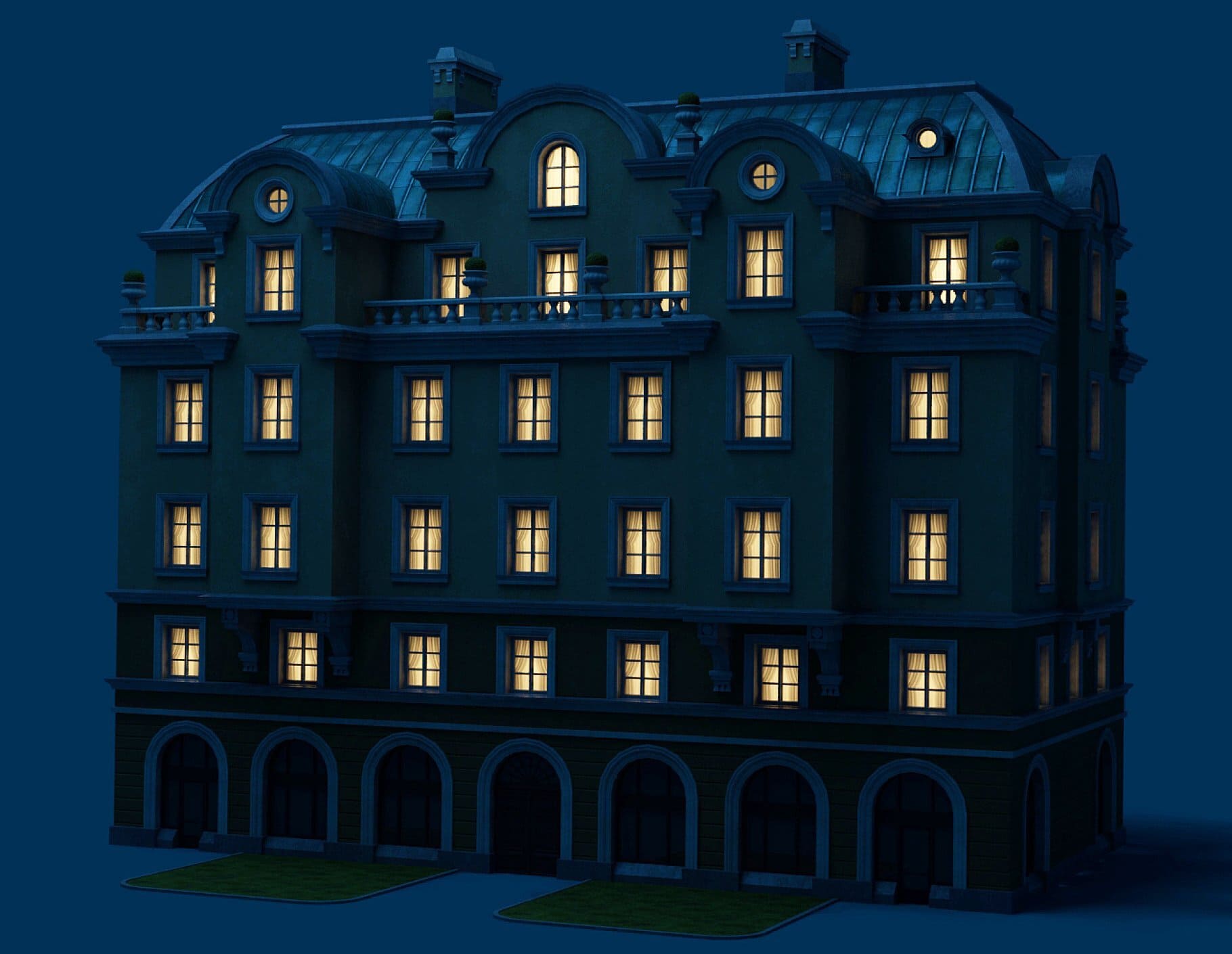 Model of an evening neoclassical hotel in the evening.