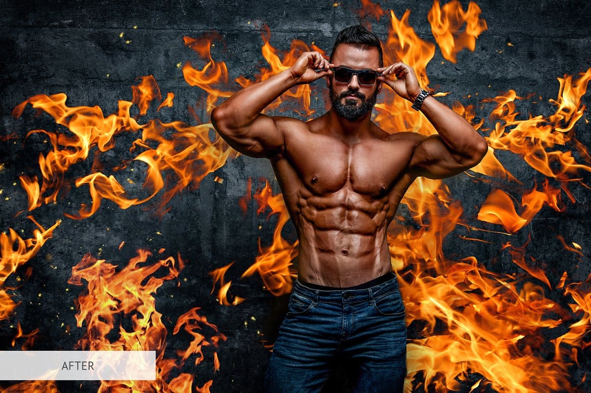 An image of a real fire on a gray background has been added to a photo of a muscular man.