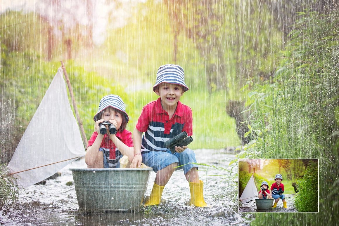 The image of children playing sailors was processed in Rain Brushes for Photoshop.