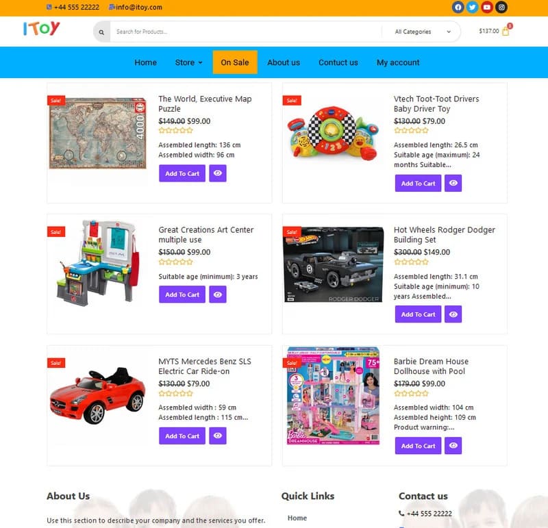 Products of “I toy store woocommerce theme” on sale.