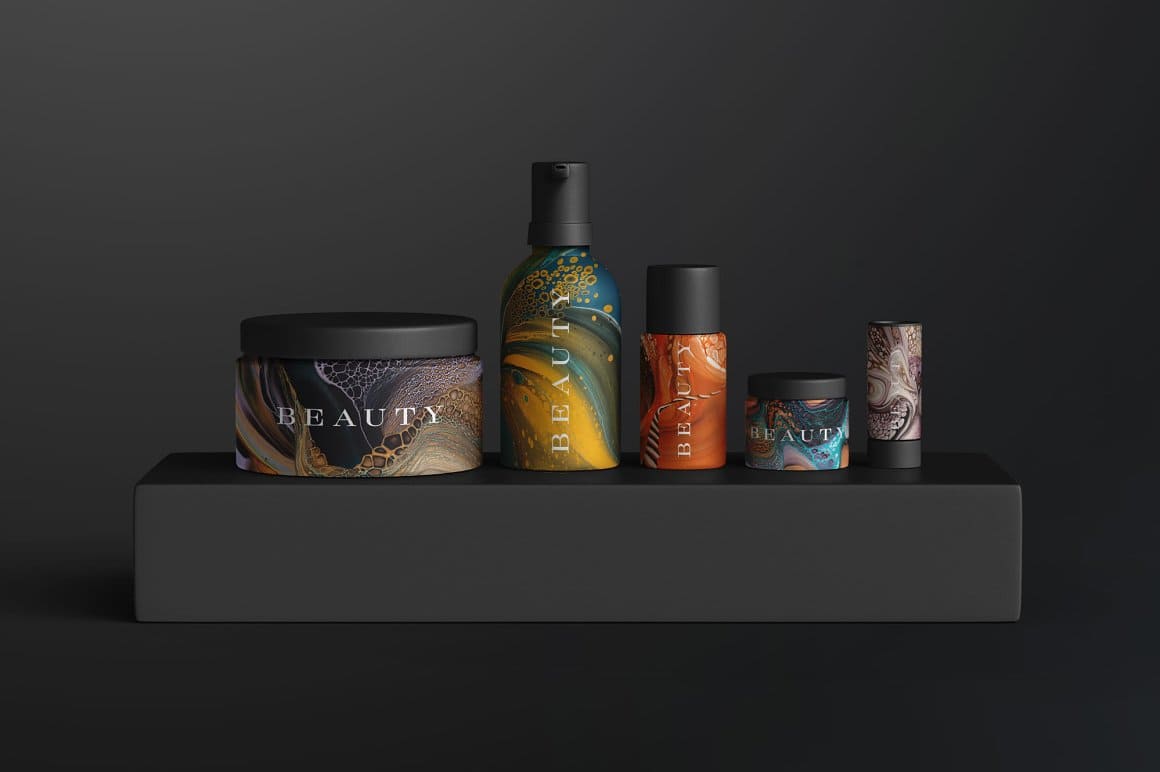 Cosmetic jars using Viscosity fluid acrylic paint textures.