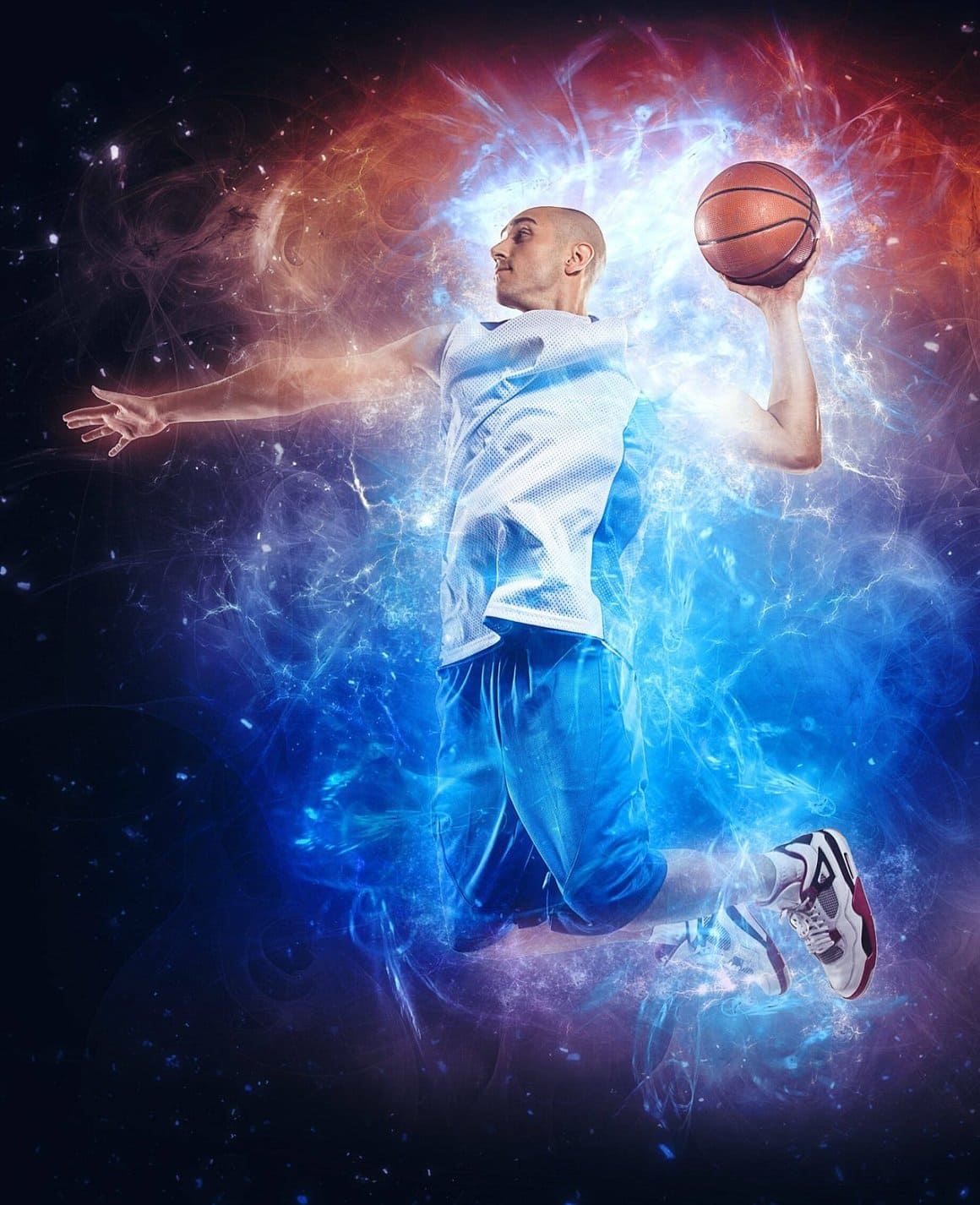 A basketball player is ready for a decisive shot against the background of electric current.
