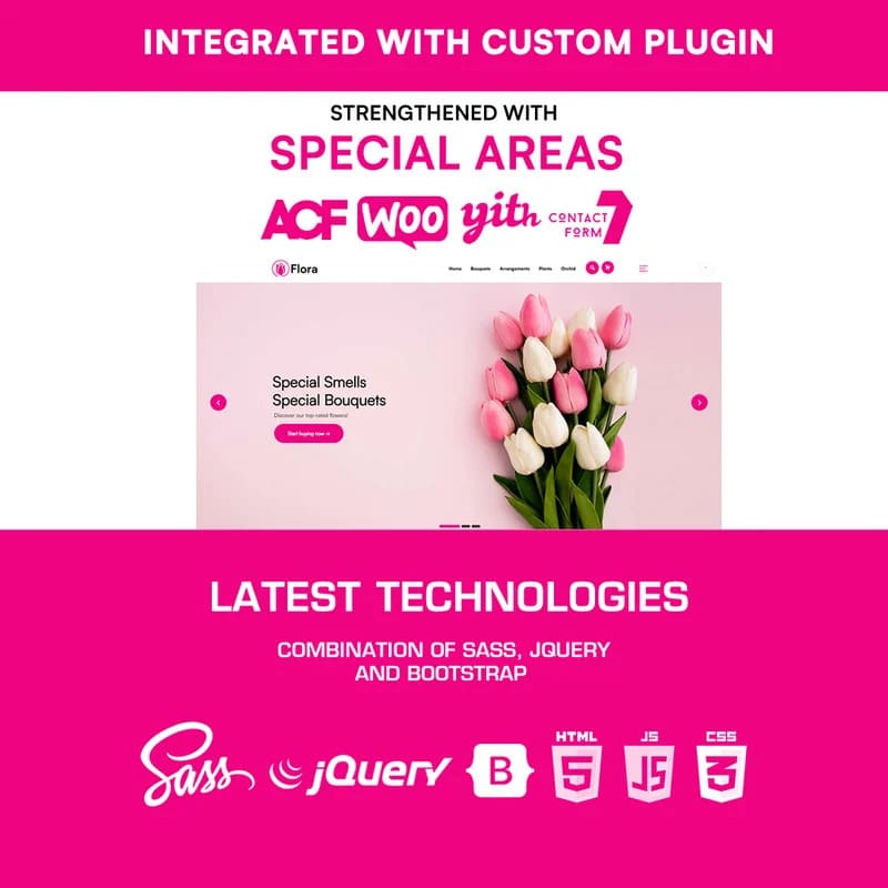 Inscription "Latest technologies combination of Sass, Jquery and bootstrap" on the pink background.