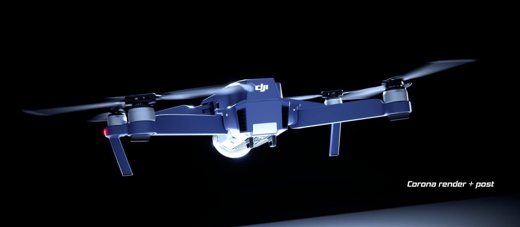3d model of the blue Dji mavic pro quadcopter flying towards you.