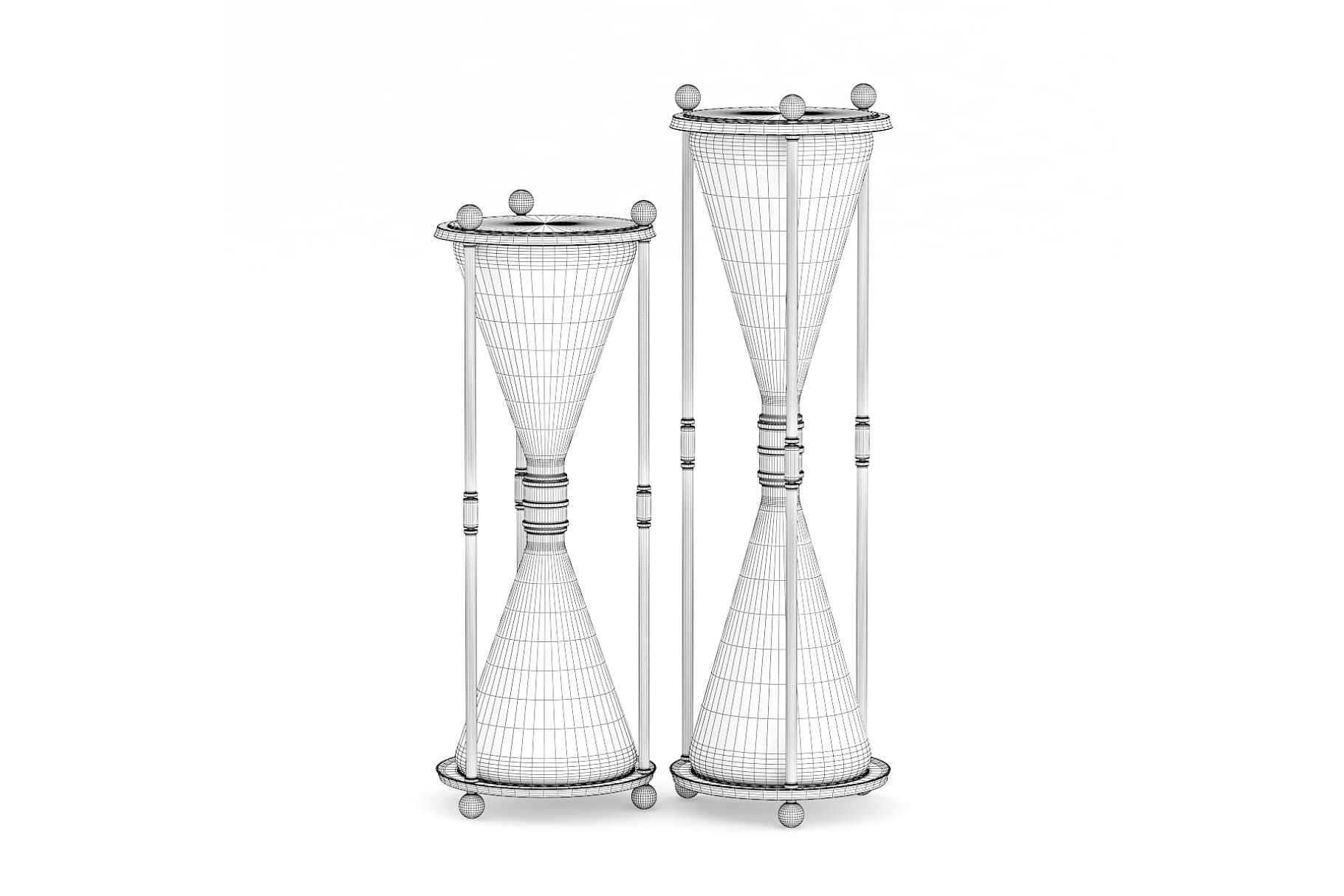 3D model of an hourglass between three thin supports.