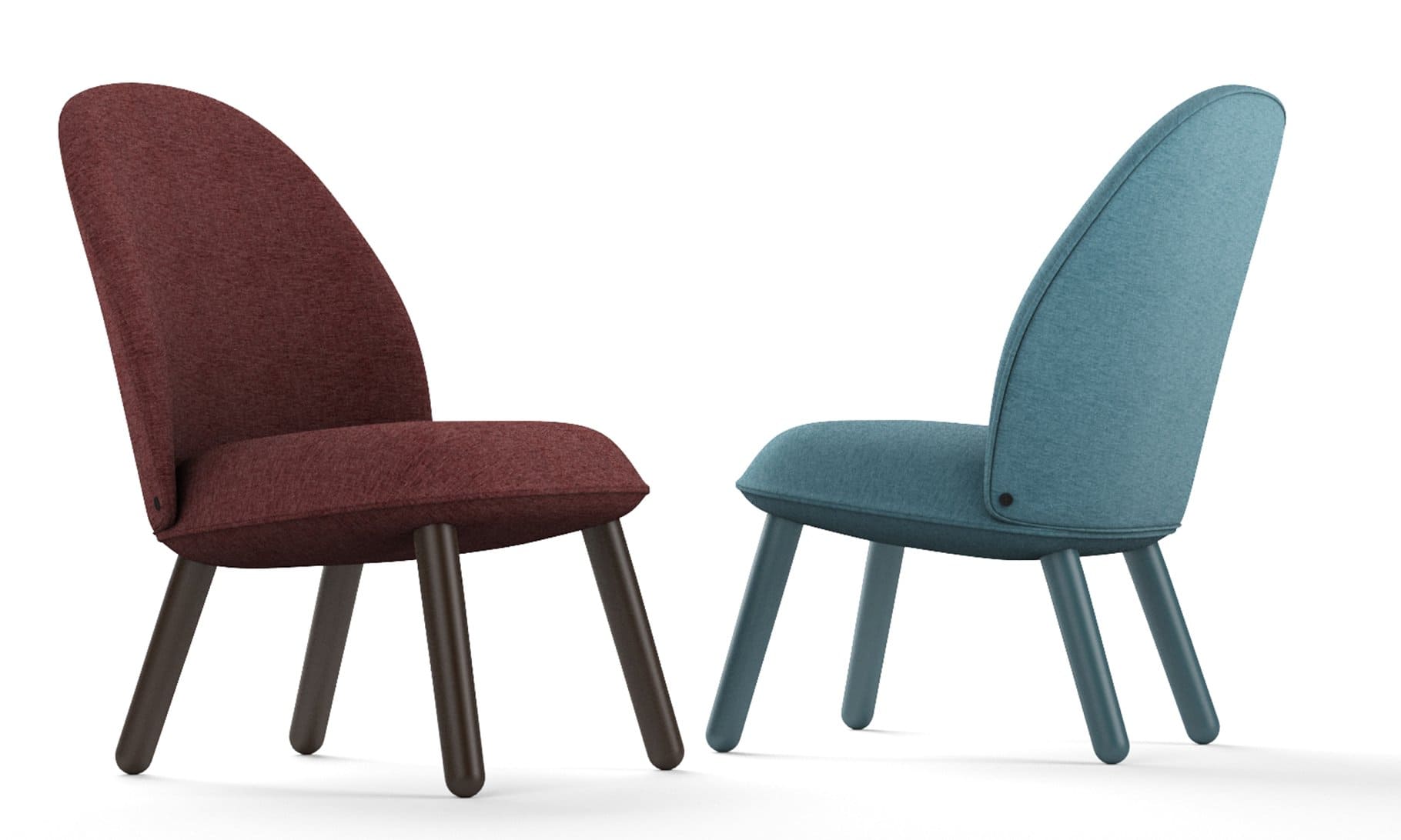 Burgundy and blue ACE Lounge Chair with burgundy and blue legs.