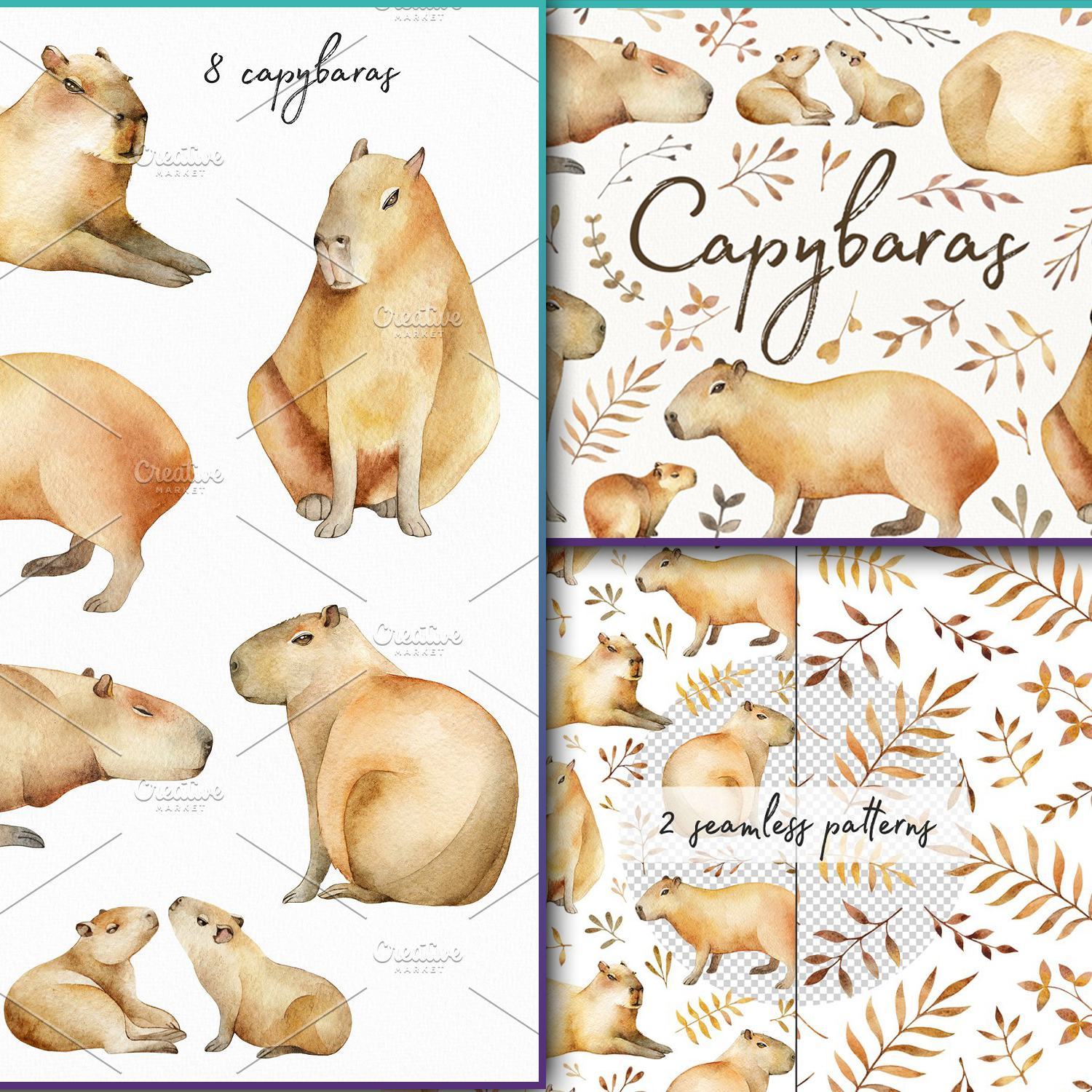 Images with capybaras watercolor set.