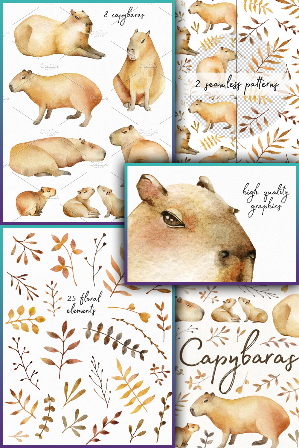 Illustrations capybaras watercolor set of pinterest.