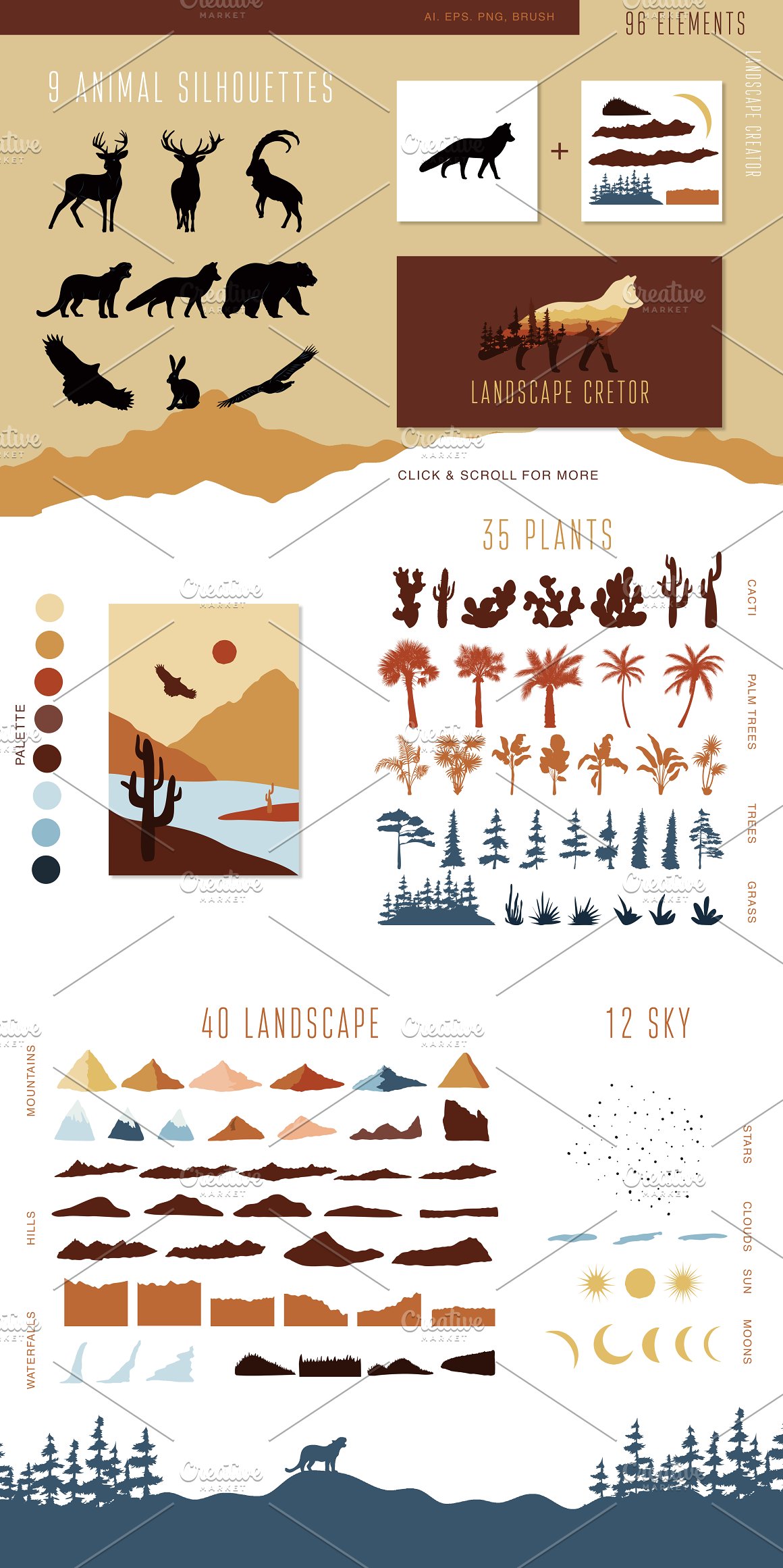 Collection of 9 animals silhouettes, 35 plants, 40 landscapes and 12 skies.