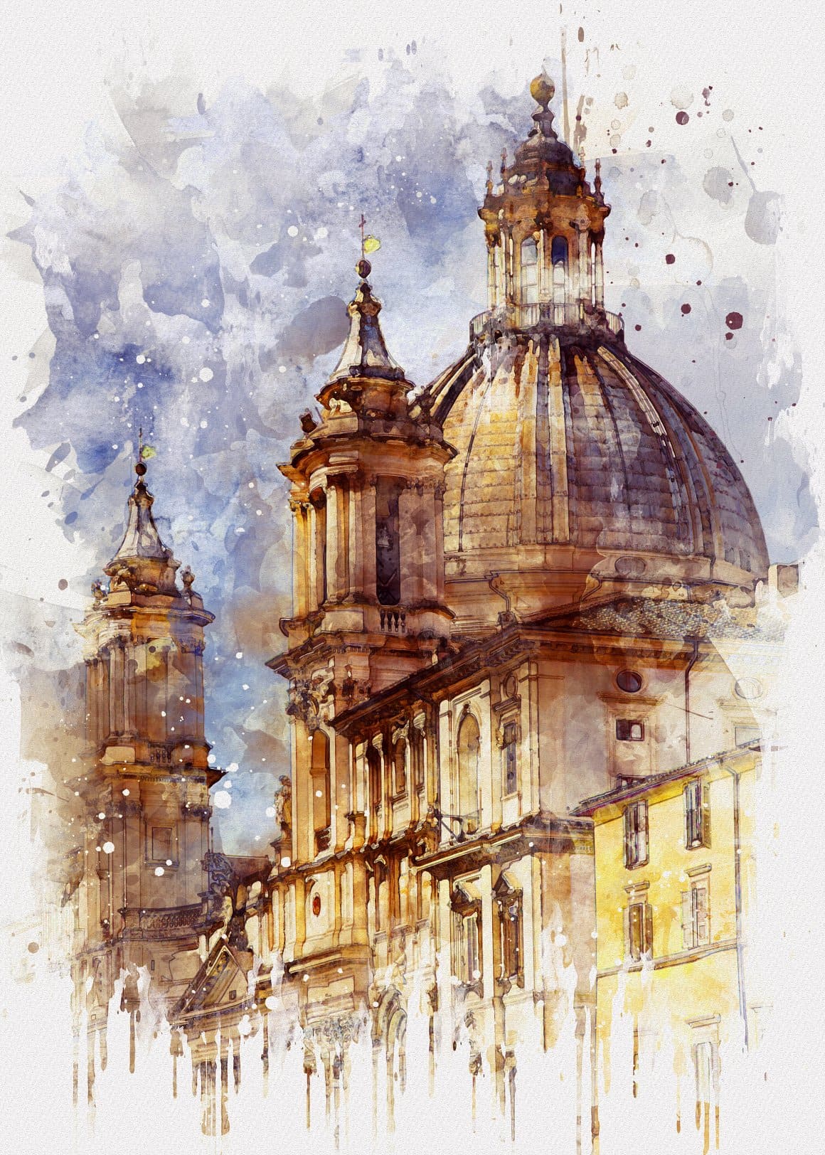 The image of an architectural building is painted in watercolor.