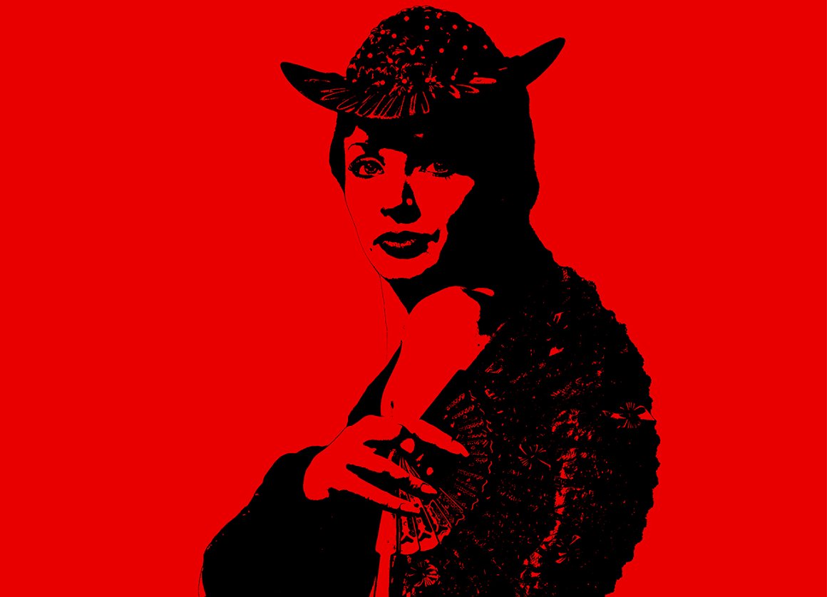 Image of a girl in a hat on a red background.