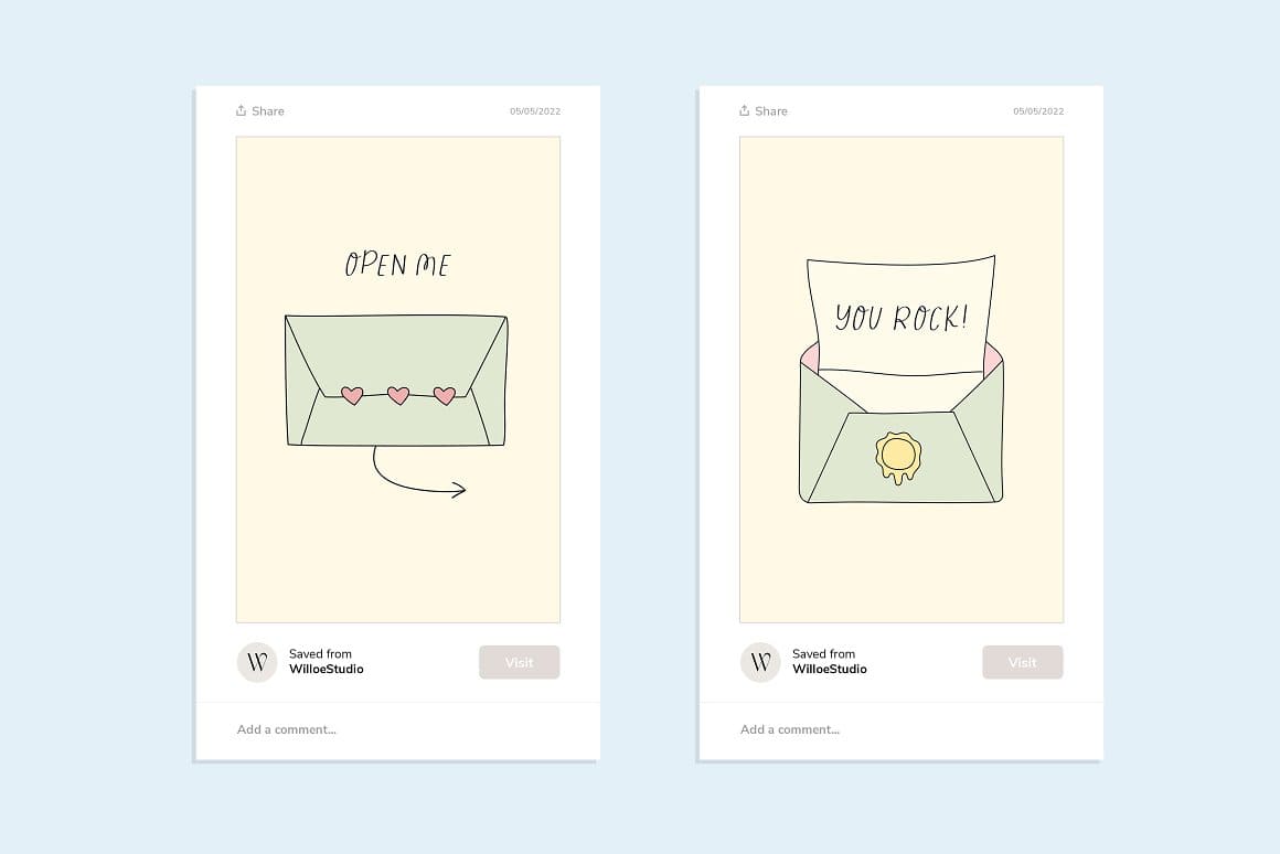 Image of two envelopes, one unfolded and sealed on Instagram posts.