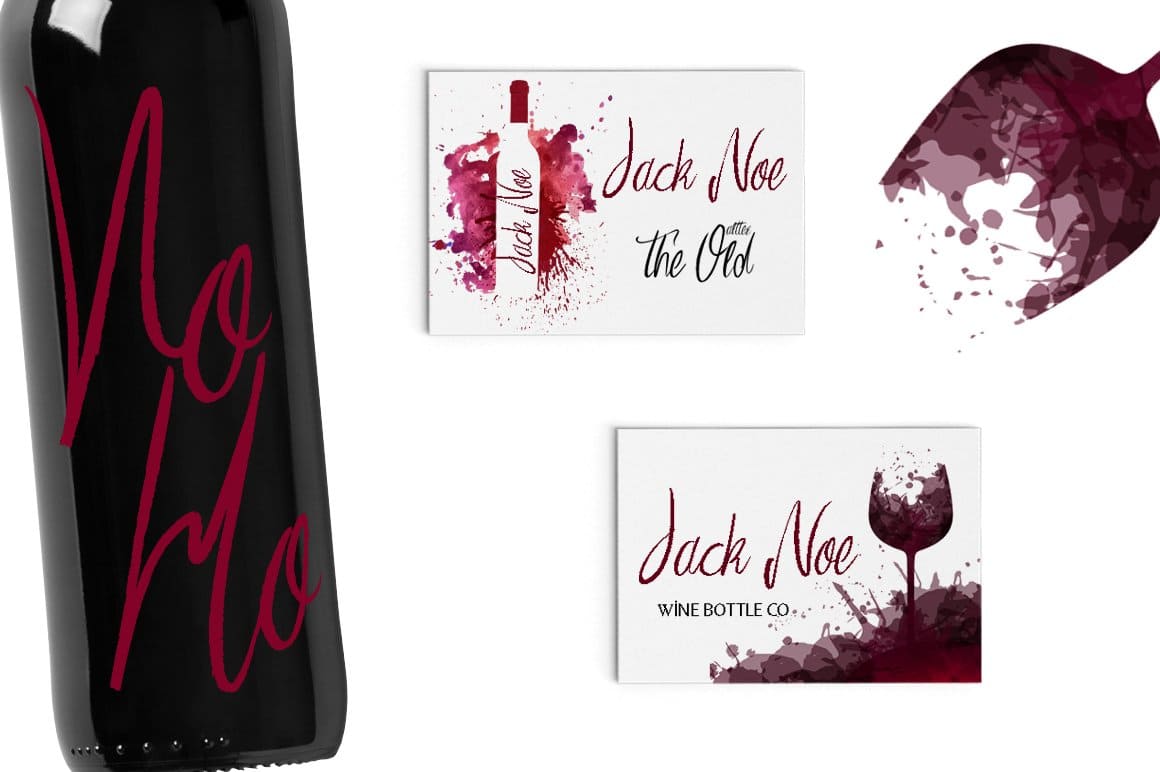 Business cards, a bottle of wine are decorated with the inscription Imagination Villi and Lilli brush font.