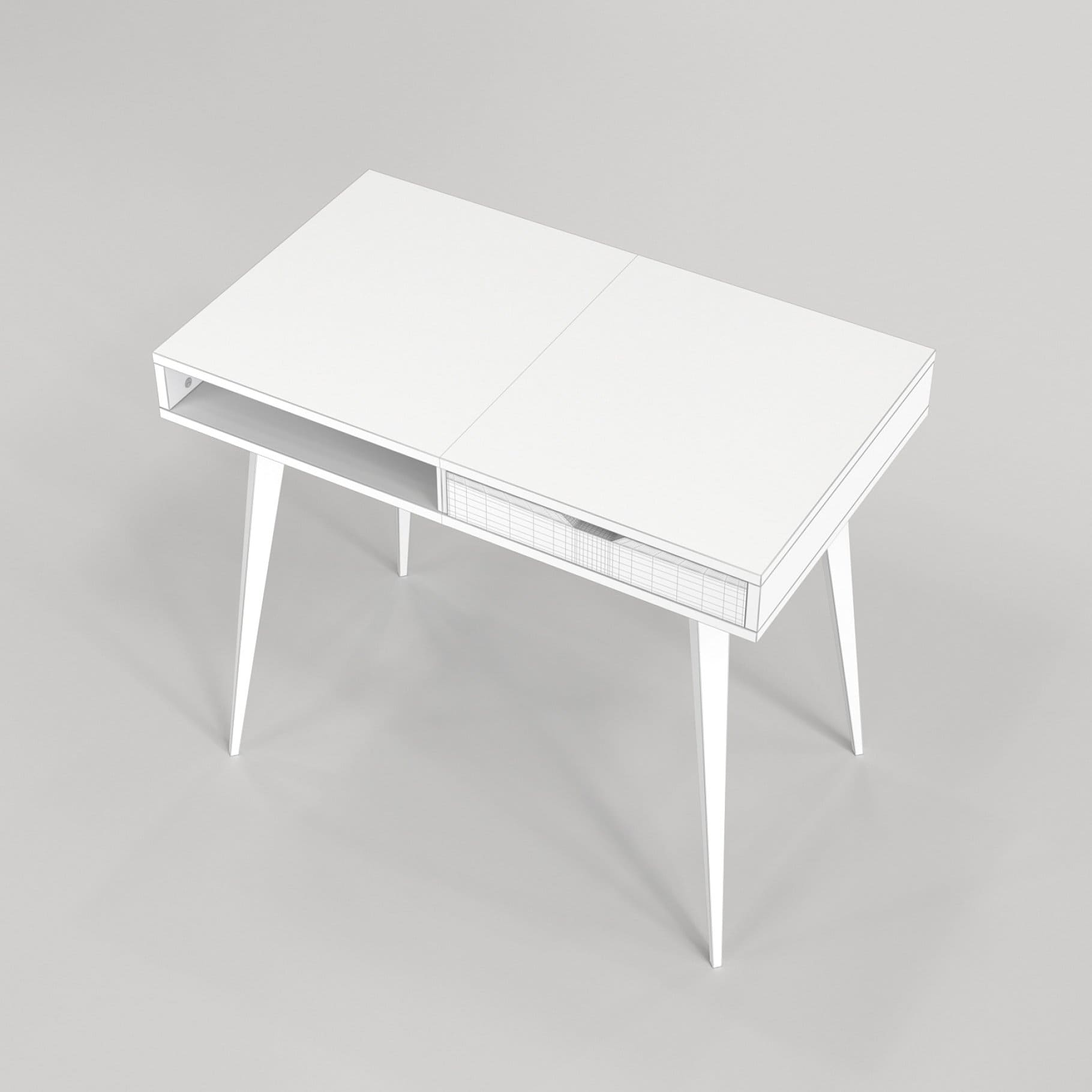 Top photo of a white Scandinavian desk with shelves, model 04.