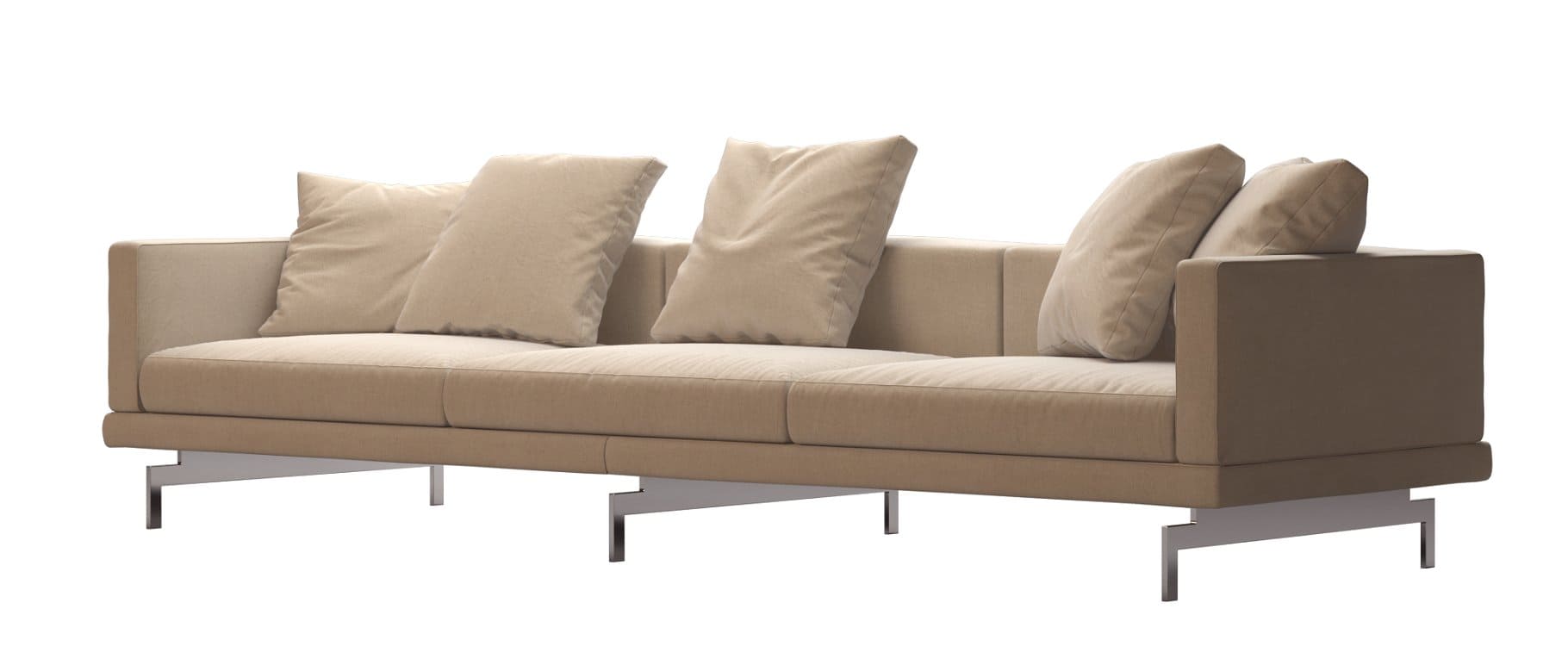Unusual metal legs of a large beige sofa.